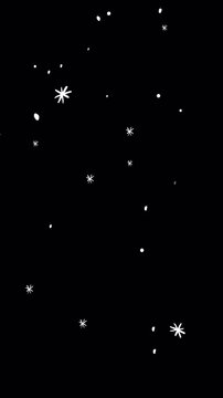 Cute snowflakes snowing effect animation moving slowly, vertical size, cartoon winter decoration, doodle motion graphic on a transparent background, alpha channel, loop
