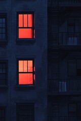 Minimalist illustration of the windows on an apartment building at night, with glowing lights from the windows