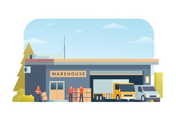 Warehouse building vector illustration, flat style factory storage. truck and van. Warehouse and Logistic Management	