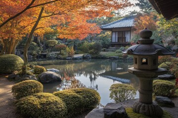 Naklejka premium A peaceful Japanese garden with manicured trees, a small pond, and a stone lantern