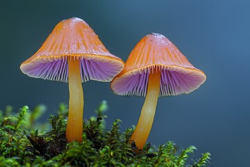Two isolated mushrooms with orange and purple caps
