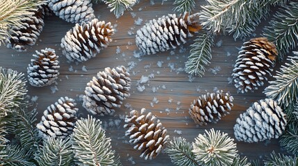 Naklejka premium Close-up of frosted pine cones and fresh green branches scattered on a rustic wooden background, subtle snowflake accents, generous copyspace, soft natural light, hd quality, cozy winter ambiance.