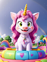 Fototapeta premium Background of Cartoon Unicorns with Funny Expressions Playing on a Rainbow Slide