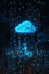 A glowing blue cloud icon above a dark silhouette of a city skyline on a computer circuit board