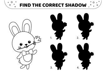Find the correct shadow. Black and white. Hare with flower. Shadow matching game. Vector.