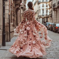 A woman in a flowing, ornate, rose-colored gown with elaborate floral embroidery, walking down a city street.

