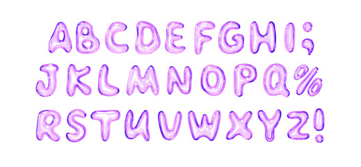 Letters made of glass material. Set of fonts with realistic 3d glass liquid effect, consisting of uppercase letters, special symbols. Complete alphabet Ideal for modern design. Vector illustration
