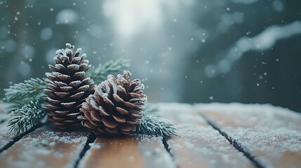 Close-up of pine cones and evergreen sprigs dusted with snow on a rustic wooden surface, generous open copyspace, soft natural lighting creating a cozy winter vibe, hd quality, inviting ambiance.