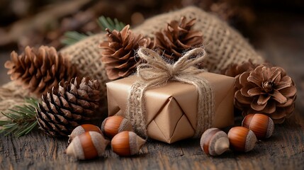 Close-up of pine cones, tiny wrapped gifts, and acorns scattered on a natural wood background, ample copyspace, warm winter lighting, hd quality, simple and inviting holiday ambiance. --ar 16:9