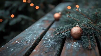 Close-up of rustic wooden planks with minimalist pine branches and a few holiday baubles, generous copyspace, soft warm lighting, hd clarity, simple and elegant holiday charm. --ar 16:9