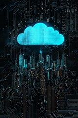 A glowing blue cloud icon above a dark silhouette of a city skyline on a computer circuit board