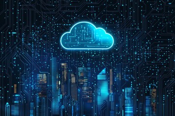A glowing blue cloud icon above a dark silhouette of a city skyline on a computer circuit board