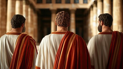 Naklejka premium Three ancient figures in robes, standing in a historical setting, facing away.