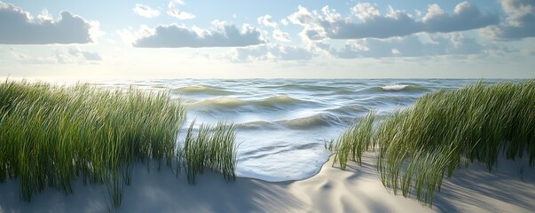 Coastal wetland with salt marsh grasses surrounded by sandy dunes and gentle waves lapping