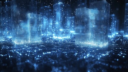 A futuristic digital landscape with glowing structures and particles.