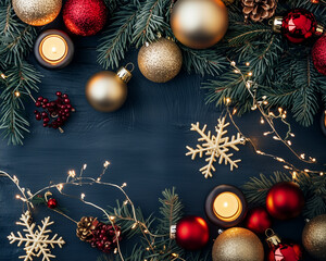 Minimal Christmas Flat Layout with Festive Decorations – Midnight Blue, Candlelight Gold, and Cranberry Red