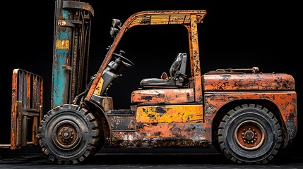 A rusty orange forklift with a black background.