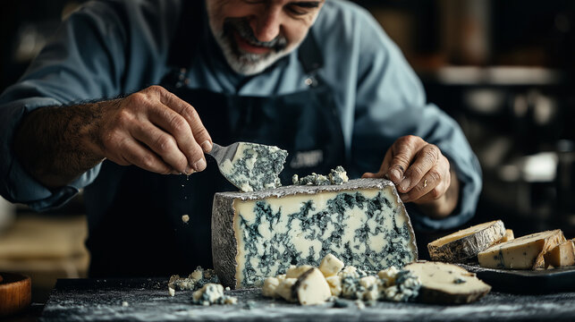 Blue Cheese � Creamy and marbled with blue veins, soft and crumbly sections visible, cheese textures,