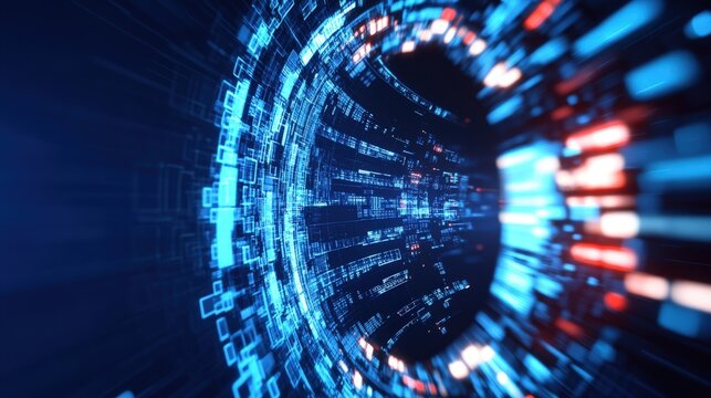 Digital Tunnel with Glowing Particles. Technology and Data Speed Concept