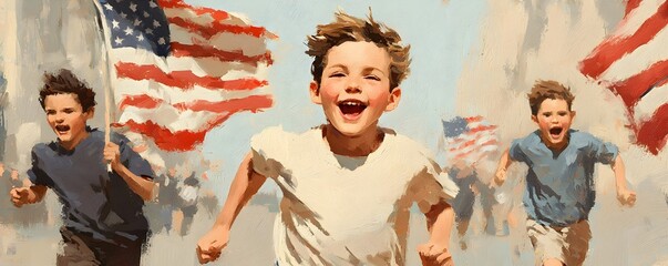 Obraz premium Joyful Children Running with American Flags