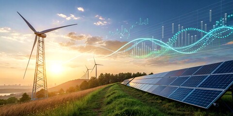 Smart Renewable Energy Landscape with Solar Panels, Wind Turbine, and Digital Data Elements