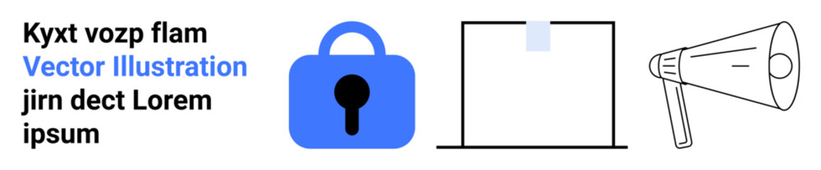 Blue padlock, laptop screen with sticky note, megaphone. Ideal for cybersecurity, privacy, communication, announcements, technology, data protection, marketing Banner for landing page