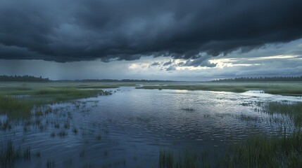 Rain-drenched wetland landscape with rippling water reflecting the dark clouds of an impending storm