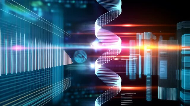 scientific and technology background, spiral light trail with data and information floating around