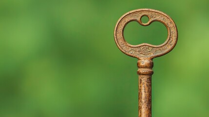 Antique key on a blurred green background, symbolizing nostalgia and history.