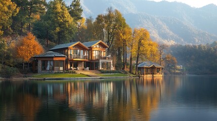 Obraz premium Mountain Retreat: Tranquil Villas Amidst Majestic Peaks and Verdant Trees on the Lake 