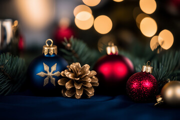 Obraz premium Christmas Tree Decorations with Midnight Blue, Candlelight Gold, and Cranberry Red Accents