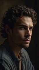Obraz premium portrait of a man with wavy hair who is seriously thinking about something