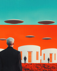 Surreal landscape with figures and futuristic structures.