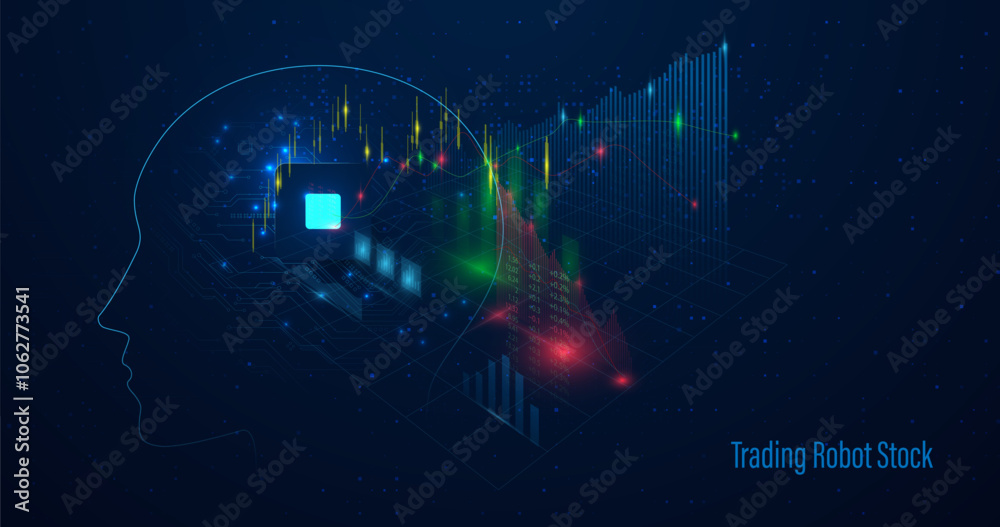 Poster ai-powered stock trading concept with data visuals and head silhouette