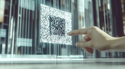 hand scanning QR code on digital interface, showcasing technology and innovation. interaction highlights modern connectivity and digital solutions