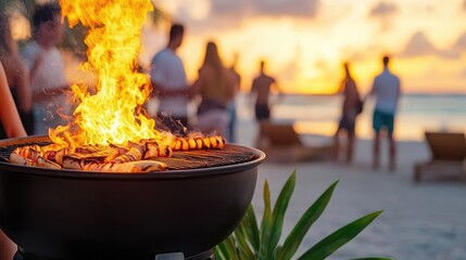 Barbecue grill with sizzling meat and flames at a vibrant beach sunset gathering.