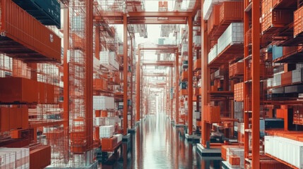 Naklejka premium Efficient logistics hub with AI driven supply chain management, showcasing vibrant shipping containers and advanced technology in modern warehouse environment