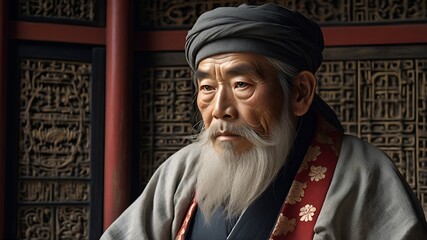 Portrait of an old Japanese man looking at you with wisdom