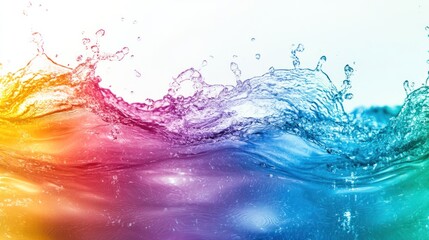 A vibrant splash of water with a gradient of rainbow colors against a white background, creating a bright and energetic abstract expression.