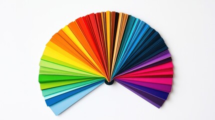 Obraz premium An array of colorful paper samples arranged in a fan shape displaying a gradient of hues from red to violet on a white background.