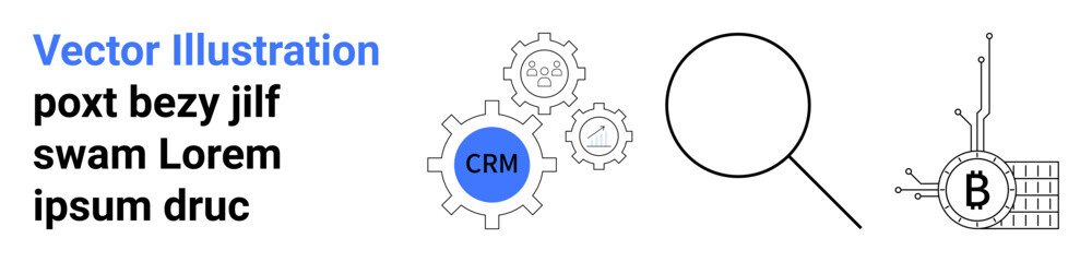 Gears labeled CRM, cogwheels with faces, magnifying glass, blockchain symbol, text elements. Ideal for SEO, CRM software, blockchain technology, data analysis, tech presentations, digital marketing