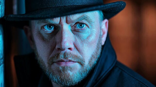 clos up face portrait suspicious man wearing black hat look serious 