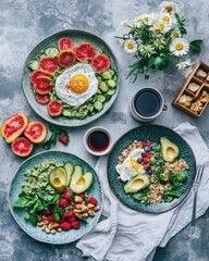healthy brunch food, all on separate plates with one poached egg, avocado, fruit, vegetables