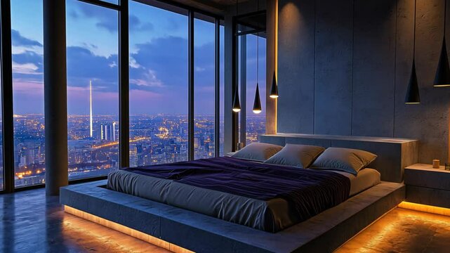 condominium minimal interior  bed room with metropolis big city aerial view outside the window view 