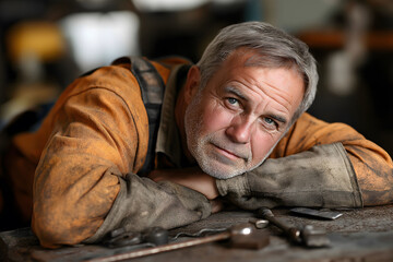 Fototapeta premium Older mechanic in dirty overalls, resting his head on a workbench with tools, looking thoughtful and weary in a workshop setting