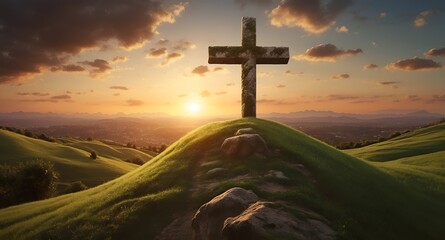 Christian cross on top of a green mountain against the Sunset