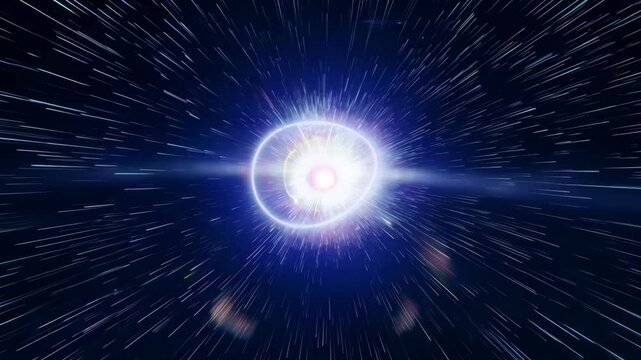 A bright cosmic explosion with radiant beams stretching through deep space, representing a high-speed interstellar phenomenon, 4K video