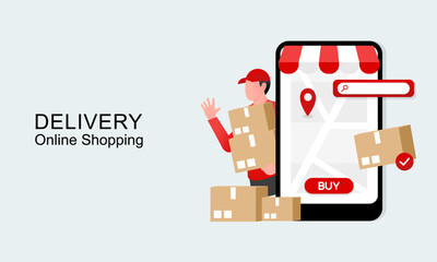 Delivery man drives a scooter out of a cart and online shopping concept