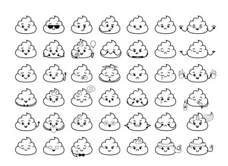 Fototapeta premium Black and white set of poop characters. Coloring page. Vector