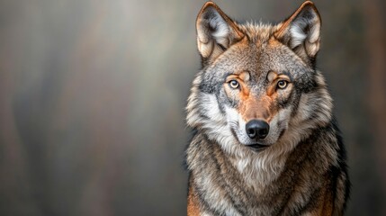 Fototapeta premium A powerful wolf stares intently, its amber eyes piercing through the misty dawn